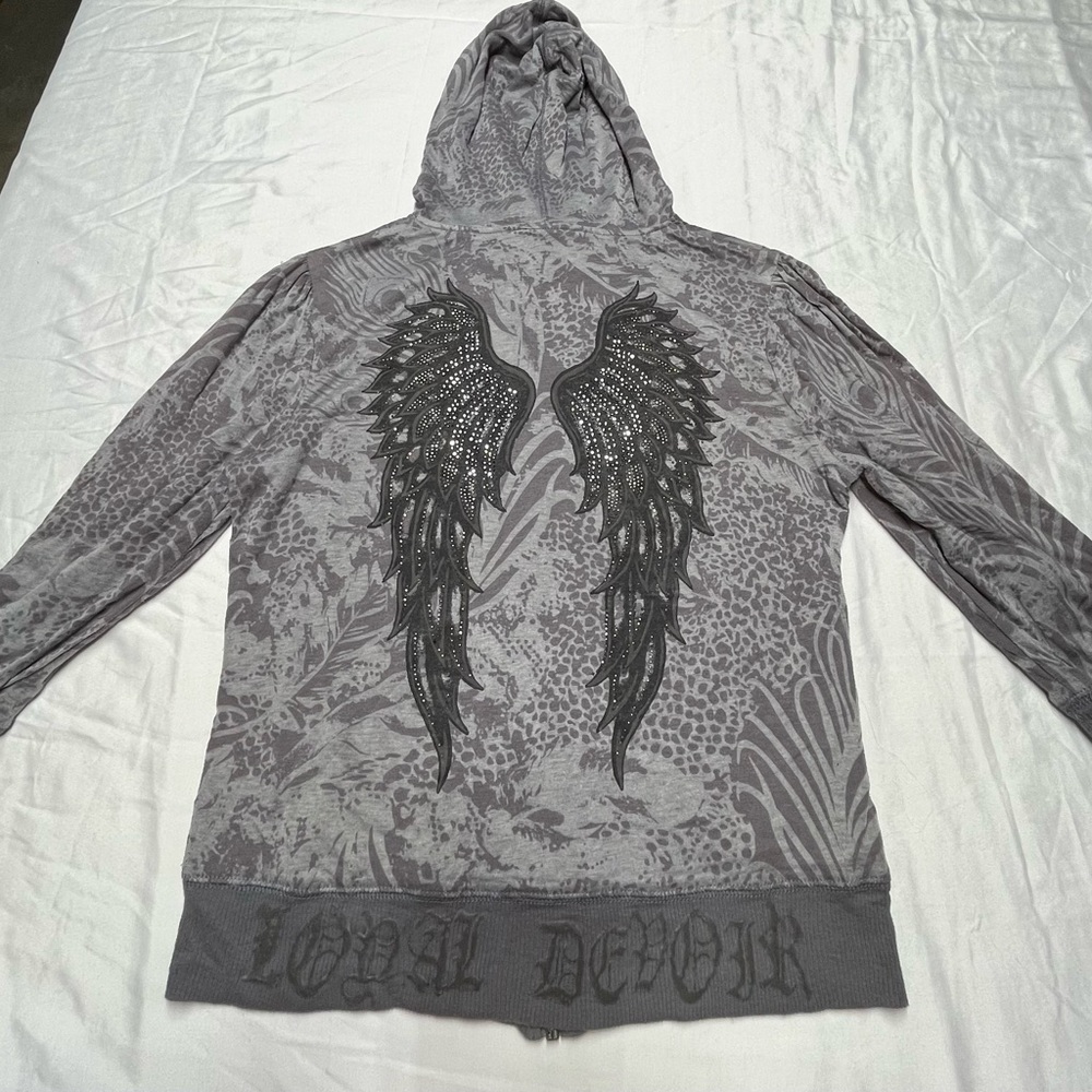 Miss Me Fleur De Lis and Wings Hooded Zip Up Jacket with Rhinestones